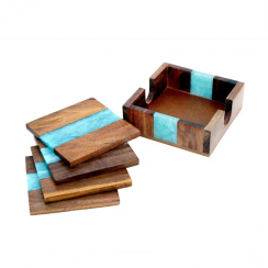 3 Sets Decorative Natural Wood Square Epoxy Resin Drink Tea Cup Coasters Set with Holder