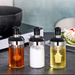 5 Pks 3 Pieces Clear Glass Seasoning Salt Bottle with Spoon Brush Set